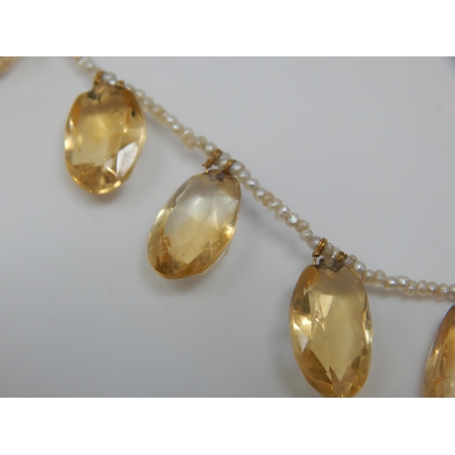 12 - Victorian Seed Pearl Necklace Set with Fifteen Large Graduated Citrine Drops & Gold Clasp: Length 36... 