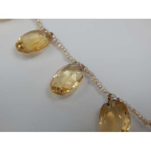 12 - Victorian Seed Pearl Necklace Set with Fifteen Large Graduated Citrine Drops & Gold Clasp: Length 36... 
