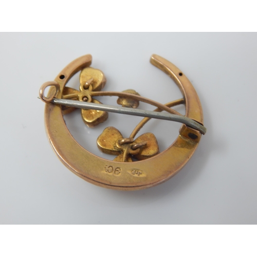 25 - Edwardian 9ct Gold Crescent Brooch Set with Two Articulated Shamrocks & Seed Pearl: Weight 1.89g