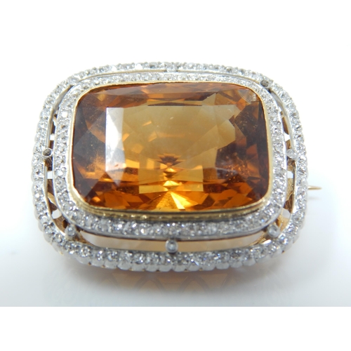 29 - 18ct Gold Diamond & Citrine Brooch. The Huge Citrine Estimated @ 28.02cts within a Border of  114 Ol... 