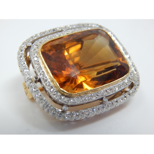29 - 18ct Gold Diamond & Citrine Brooch. The Huge Citrine Estimated @ 28.02cts within a Border of  114 Ol... 