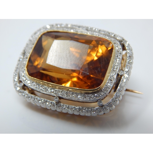 29 - 18ct Gold Diamond & Citrine Brooch. The Huge Citrine Estimated @ 28.02cts within a Border of  114 Ol... 