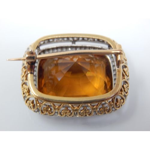 29 - 18ct Gold Diamond & Citrine Brooch. The Huge Citrine Estimated @ 28.02cts within a Border of  114 Ol... 