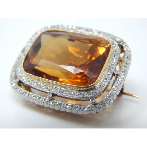 29 - 18ct Gold Diamond & Citrine Brooch. The Huge Citrine Estimated @ 28.02cts within a Border of  114 Ol... 