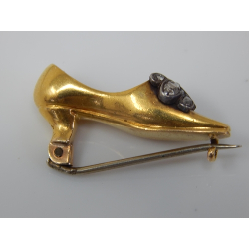 30 - Victorian Novelty Unmarked Gold Shoe Brooch Set with 10 Old Cut Diamonds. Weight 3.53g