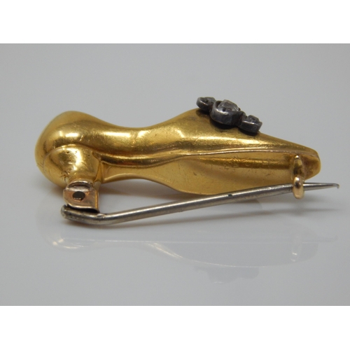 30 - Victorian Novelty Unmarked Gold Shoe Brooch Set with 10 Old Cut Diamonds. Weight 3.53g