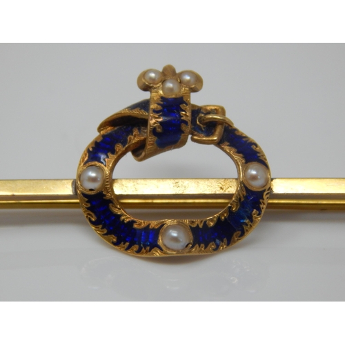 31 - Edwardian 9ct Gold Brooch with a Blue Enamelled Belt & Buckle Set with Seed Pearls. Width 52mm: Weig... 