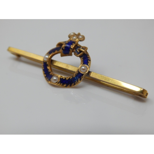 31 - Edwardian 9ct Gold Brooch with a Blue Enamelled Belt & Buckle Set with Seed Pearls. Width 52mm: Weig... 