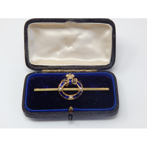 31 - Edwardian 9ct Gold Brooch with a Blue Enamelled Belt & Buckle Set with Seed Pearls. Width 52mm: Weig... 