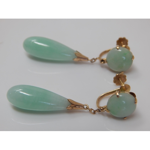 32 - A Fine Pair of 14ct Gold Apple Green Jade Pippin Earrings: Length 45mm: gross weight 7.89g