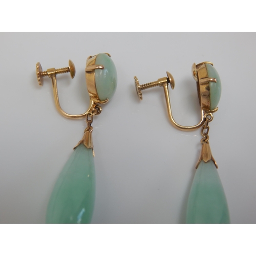 32 - A Fine Pair of 14ct Gold Apple Green Jade Pippin Earrings: Length 45mm: gross weight 7.89g