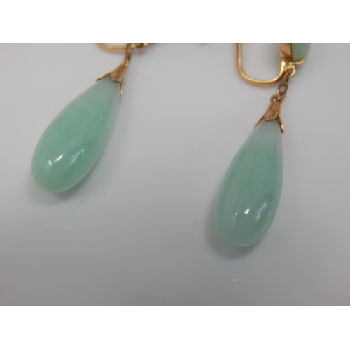 32 - A Fine Pair of 14ct Gold Apple Green Jade Pippin Earrings: Length 45mm: gross weight 7.89g