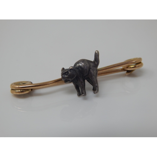37 - Unmarked Gold Pin Brooch with Attached White Metal Cat: Width 35mm: Weight 3.18g