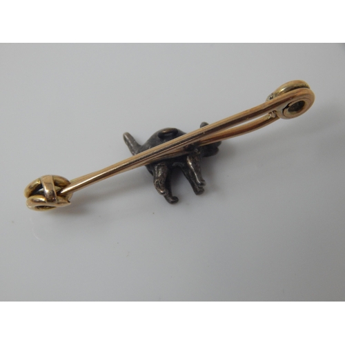 37 - Unmarked Gold Pin Brooch with Attached White Metal Cat: Width 35mm: Weight 3.18g