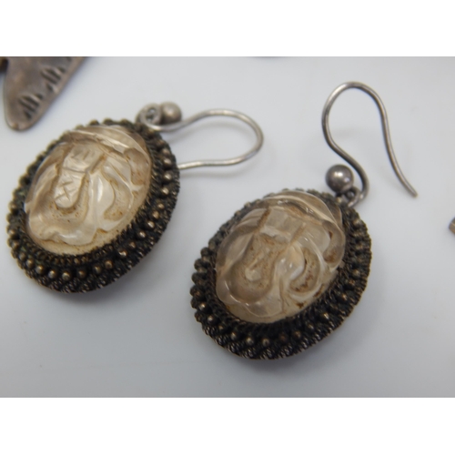 43 - A Pair of Chinese Silver & Rock Crystal Earrings, Silver Smoke Brooch, Silver Enamel Brooch, Silver ... 