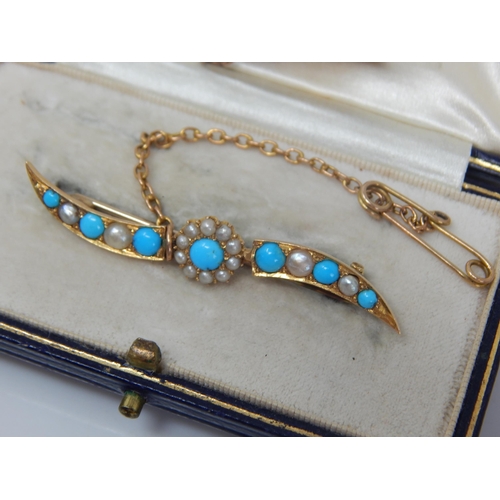 45 - Edwardian Unmarked Gold Brooch Set with Turquoise & Pearls with Safety Chain: Width 50mm: Weight 3.8... 