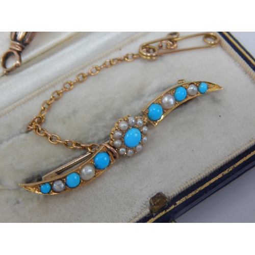 45 - Edwardian Unmarked Gold Brooch Set with Turquoise & Pearls with Safety Chain: Width 50mm: Weight 3.8... 