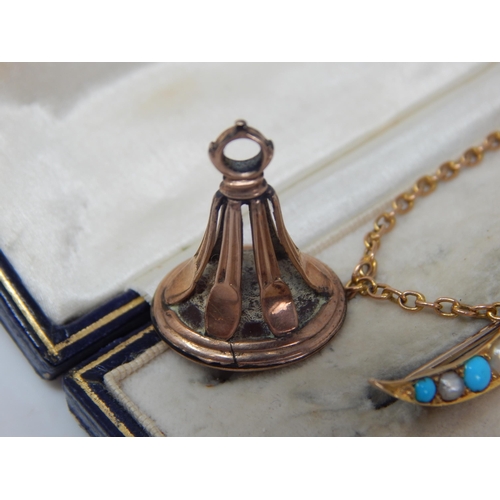 45 - Edwardian Unmarked Gold Brooch Set with Turquoise & Pearls with Safety Chain: Width 50mm: Weight 3.8... 