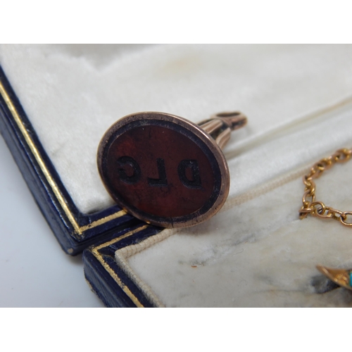 45 - Edwardian Unmarked Gold Brooch Set with Turquoise & Pearls with Safety Chain: Width 50mm: Weight 3.8... 