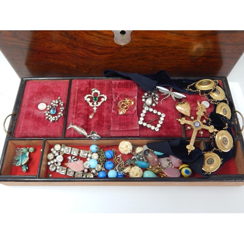46 - A Quantity of Antique & Vintage Costume Jewellery Contained in a Victorian Wooden Jewellery Box with... 