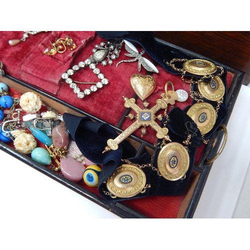 46 - A Quantity of Antique & Vintage Costume Jewellery Contained in a Victorian Wooden Jewellery Box with... 