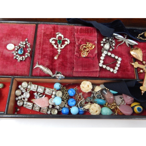 46 - A Quantity of Antique & Vintage Costume Jewellery Contained in a Victorian Wooden Jewellery Box with... 
