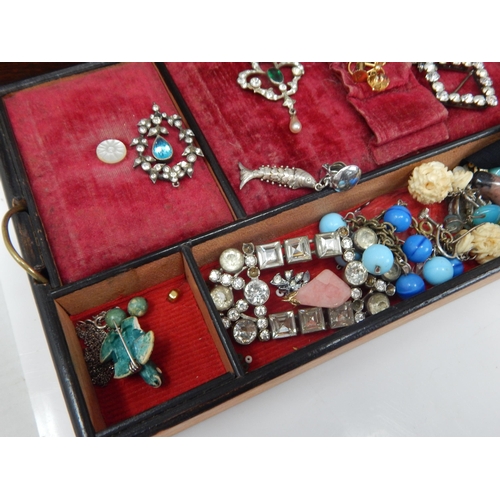 46 - A Quantity of Antique & Vintage Costume Jewellery Contained in a Victorian Wooden Jewellery Box with... 
