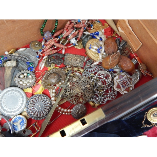 46 - A Quantity of Antique & Vintage Costume Jewellery Contained in a Victorian Wooden Jewellery Box with... 