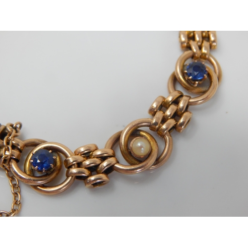 48 - Edwardian 15ct Gold Sapphire & Pearl Set Bracelet: Length 19cm: Weight 12.92g