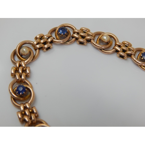 48 - Edwardian 15ct Gold Sapphire & Pearl Set Bracelet: Length 19cm: Weight 12.92g