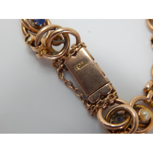48 - Edwardian 15ct Gold Sapphire & Pearl Set Bracelet: Length 19cm: Weight 12.92g