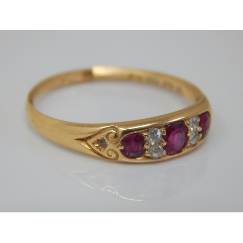 54 - 18ct Gold Diamond & Ruby Ring: Size V: Cut to shank: Weight 3.72g