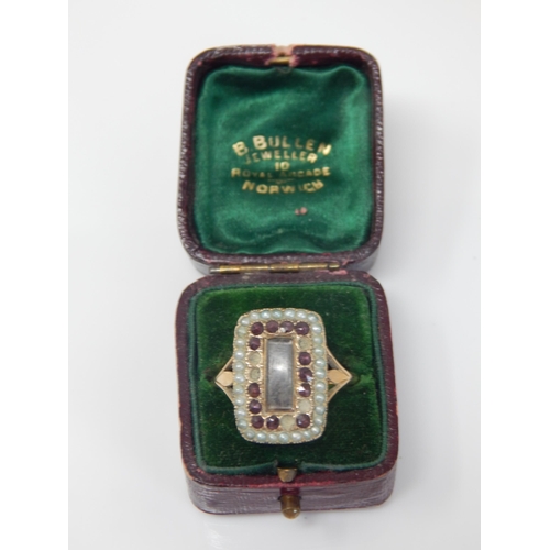 55 - 19th Century Unmarked Gold Foiled Back Mourning Ring with Central Hair Panel in Seed Pearl & Garnet ... 