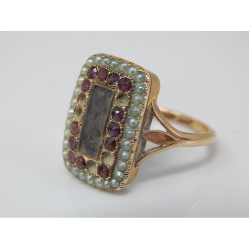 55 - 19th Century Unmarked Gold Foiled Back Mourning Ring with Central Hair Panel in Seed Pearl & Garnet ... 
