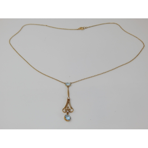 56 - Edwardian 15ct Aquamarine Set Pendant Necklace 40cm: Weight 3.48g