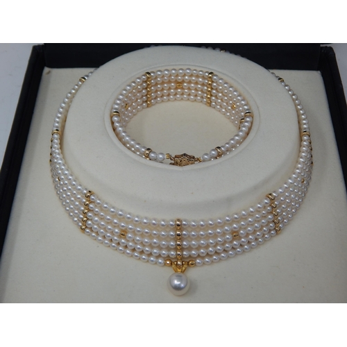 90 - 14ct Yellow Gold Five Strand Pearl Choker Necklace, Set with Nine Vertical Bands of Gold Spacers & G... 