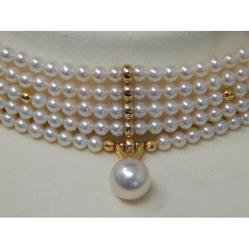 90 - 14ct Yellow Gold Five Strand Pearl Choker Necklace, Set with Nine Vertical Bands of Gold Spacers & G... 