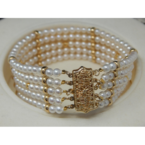 90 - 14ct Yellow Gold Five Strand Pearl Choker Necklace, Set with Nine Vertical Bands of Gold Spacers & G... 