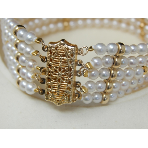 90 - 14ct Yellow Gold Five Strand Pearl Choker Necklace, Set with Nine Vertical Bands of Gold Spacers & G... 