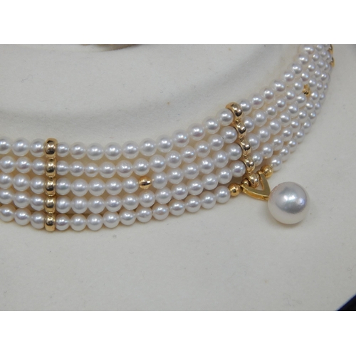 90 - 14ct Yellow Gold Five Strand Pearl Choker Necklace, Set with Nine Vertical Bands of Gold Spacers & G... 