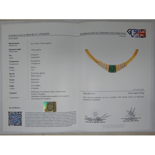 92 - An 18ct Gold Colombian Emerald & Diamond Necklace Set with a 7.00ct Cut Cornered Octagonal Step Cut ... 