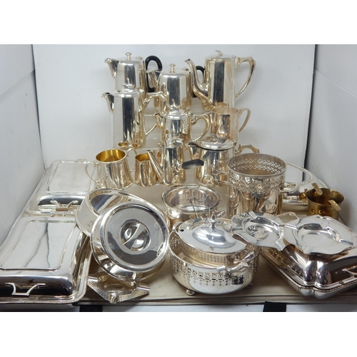 111 - A Large Quantity of Silver Plated Wares Including Entree Dishes, Teapots, Jugs, Bottle Holder etc (l... 