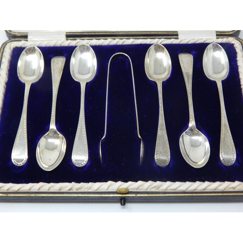113 - An Edwardian Set of 6 Silver Teaspoons & Tongs: Hallmarked Birmingham 1905 by Barker Brothers in Ori... 