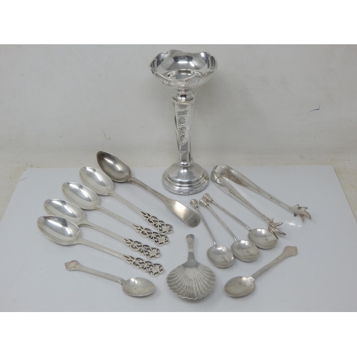 116 - A Quantity of Hallmarked Silver Spoons, Caddy Spoon & Tongs: Various Dates & Makers: Weight 150g tog... 