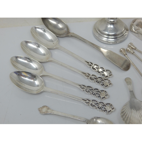116 - A Quantity of Hallmarked Silver Spoons, Caddy Spoon & Tongs: Various Dates & Makers: Weight 150g tog... 
