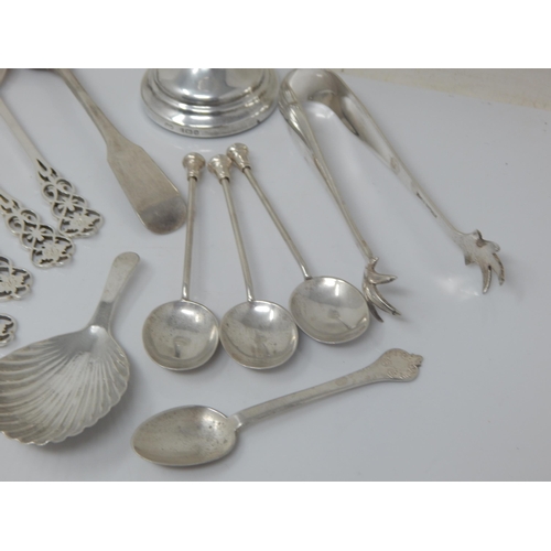 116 - A Quantity of Hallmarked Silver Spoons, Caddy Spoon & Tongs: Various Dates & Makers: Weight 150g tog... 