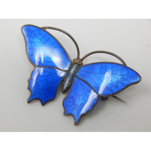 125 - Sterling Silver & Blue Guilloche Enamel Butterfly Brooch by Christian Muhler