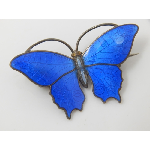 125 - Sterling Silver & Blue Guilloche Enamel Butterfly Brooch by Christian Muhler