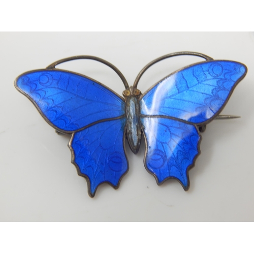 125 - Sterling Silver & Blue Guilloche Enamel Butterfly Brooch by Christian Muhler