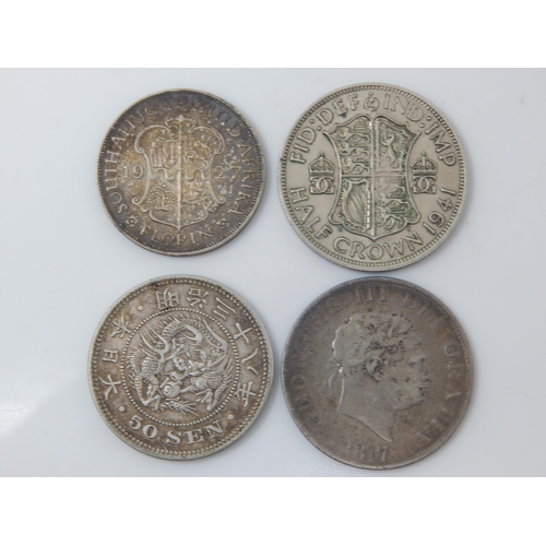 344 - Japanese Silver 50 Sen 1898, George III Silver Half Crown 1817, KGV Silver Florin 1927, KGVI Silver ... 